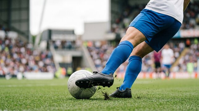 Close-up of a soccer player's boot striking a football on a green grass field during a match
