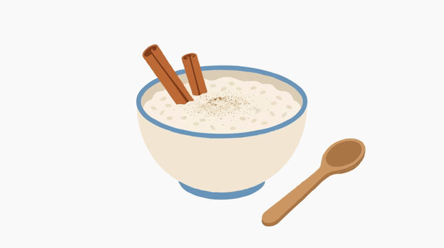Bowl of traditional Brazilian Arroz Doce with cinnamon sticks, minimalist 2D flat illustration