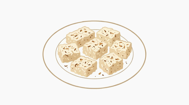 Pieces of traditional Brazilian coconut candy cocada on a plate, minimalist 2D flat illustration