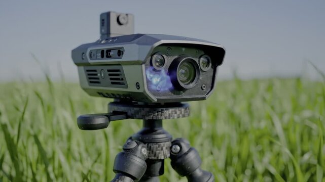 Security camera on tripod stands tall. Grass surrounds the setup closely. Clear sky above, no clouds visible. Camera lens reflects light brightly. Tripod legs are sturdy and metallic.