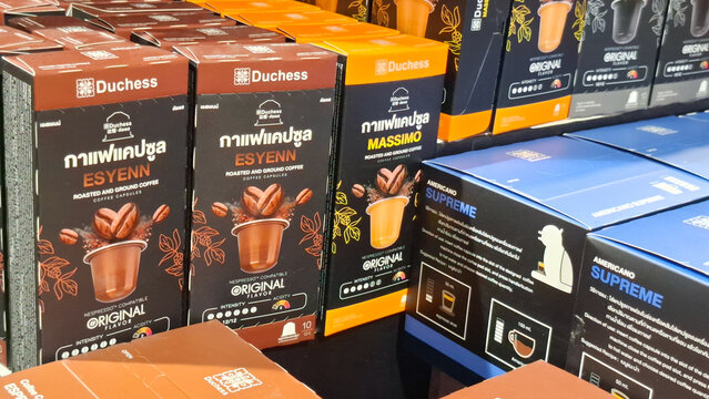 Duchess and Massimo Brand Roasted Coffee Capsules and Ground Espresso Pods Displayed for Interior Retail Design Mockup on April 14,2026 in Bangkok, Thailand