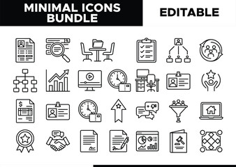 Fototapeta premium Minimal Icons Bundle, 30 editable vector line icons for business and office, modern black and white UI/UX design elements, professional corporate communication graphics