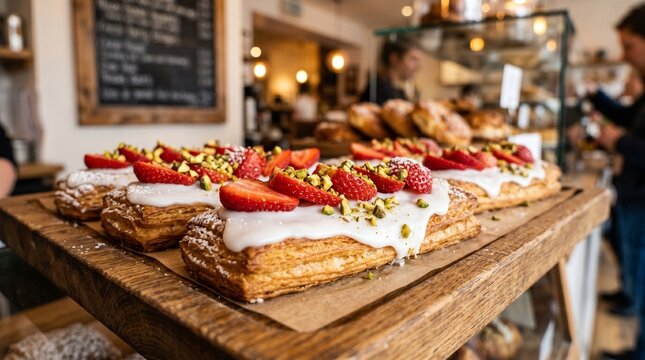 rawberry pistachio pastries on wooden board in bakery