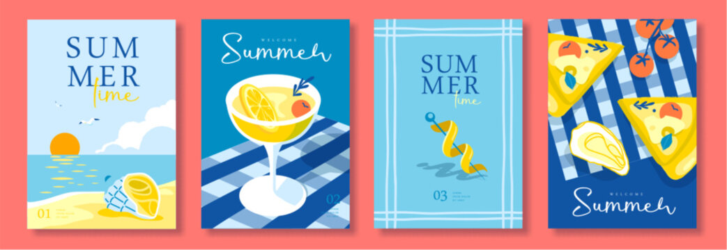 Set of summer Italian posters or covers with limoncello cocktail, beach landscape, pizza, tomatoes, cheese and lemon zest. Menu design. Vector illustration