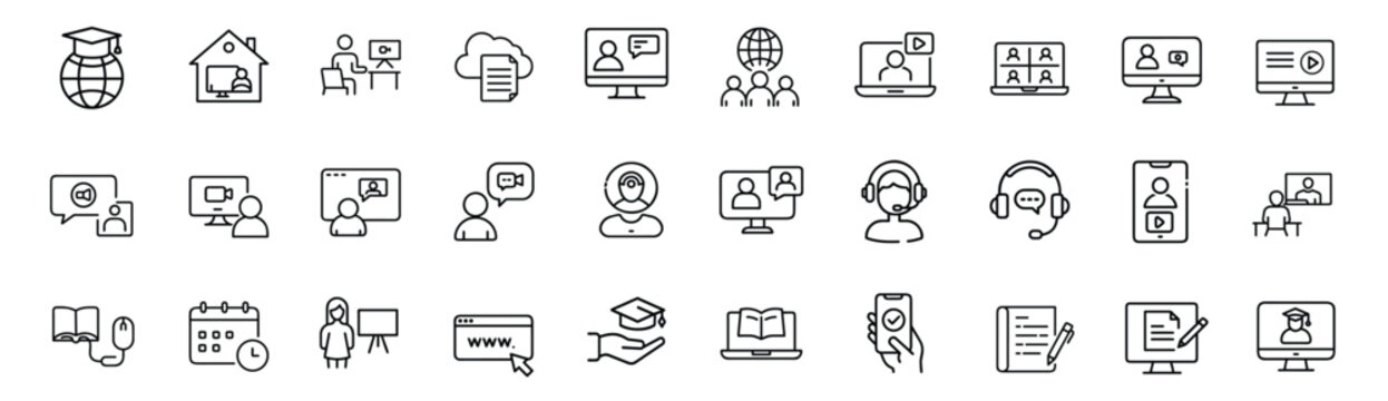 Online training outline icons set e-learning education student webinar course tutorial university school graduation & more vector illustration with editable stroke.
