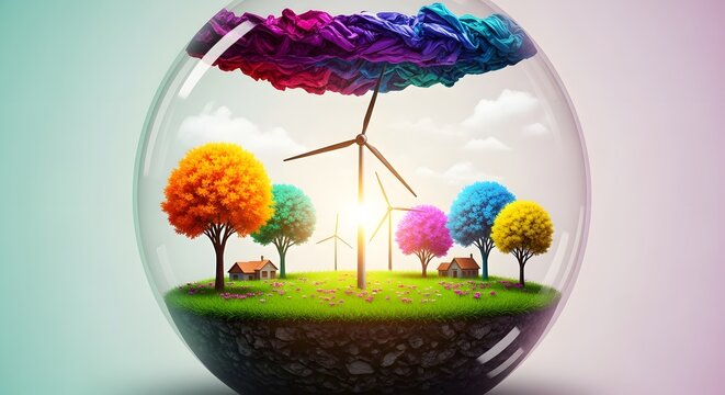 Colorful hot air balloons and trees inside glass sphere on grassy terrain