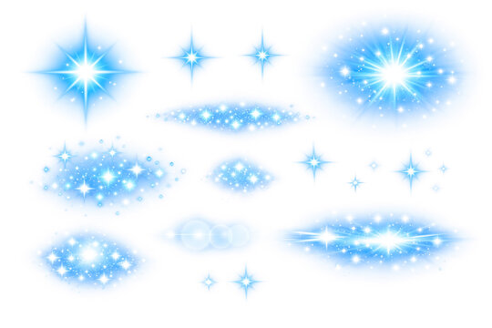 Blue light bursts and sparkles scattered on white background