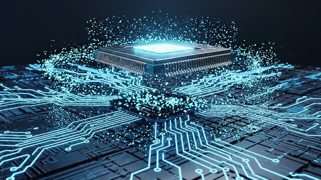 Glowing Microchip on Circuit Board With Digital Data Particles