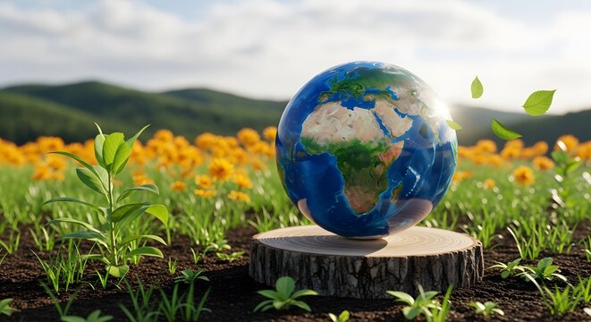 Glass globe on tree stump in sunflower field with earth map and sunlight