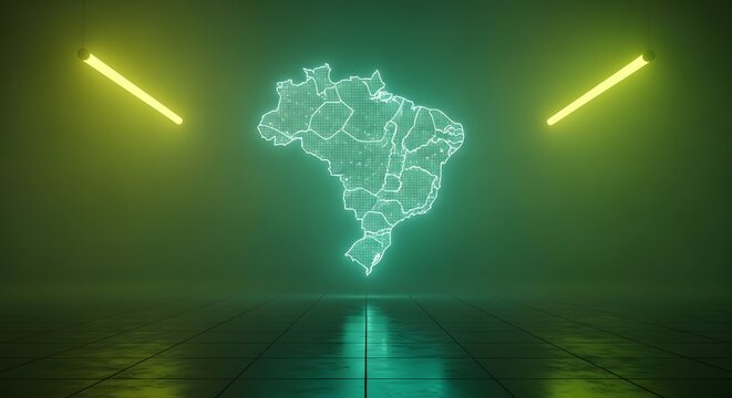 Brazil map outline with neon lights digital illustration on tiled floor high quality