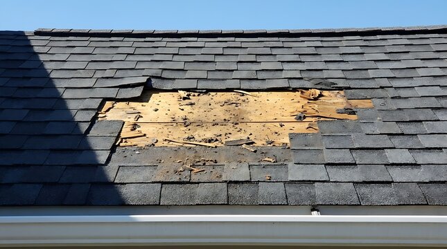 A damaged roof with missing shingles, revealing the wooden structure beneath, symbolizing home maintenance and repair