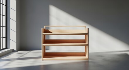 Fototapeta premium Wooden bookshelf with three shelves minimalist design interior studio lighting high quality professional