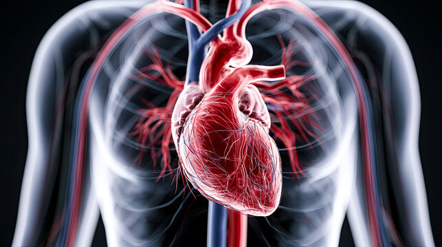 Vibrant human heart showcased in detailed anatomy illustration highlighting the circulatory system and blood flow dynamics