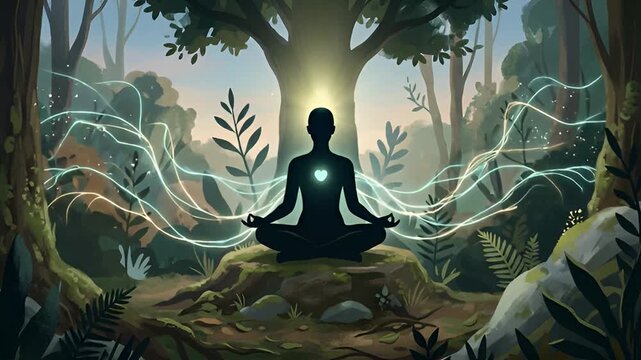 Meditating silhouette sits in deep forest surroundings with glowing energy currents emanating from a heart center to symbolize spiritual inner peace.
