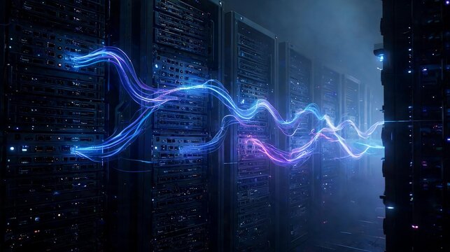Low angle shot of an IT professional or engineer working with high-density server racks in a modern data center. Conceptual illustration of system administration, network maintenance