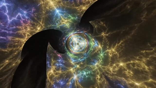 Glowing nebula clouds swirling around a central vortex in deep space creates a mesmerizing cinematic motion sequence with vibrant golden and blue light trails pulsing through the dark cosmic void