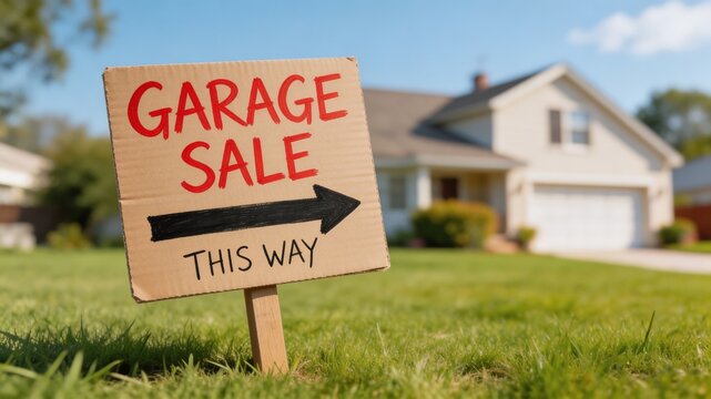 A cardboard garage sale sign with an arrow pointing towards a house on a sunny day, indicating a yard sale or garage sale event