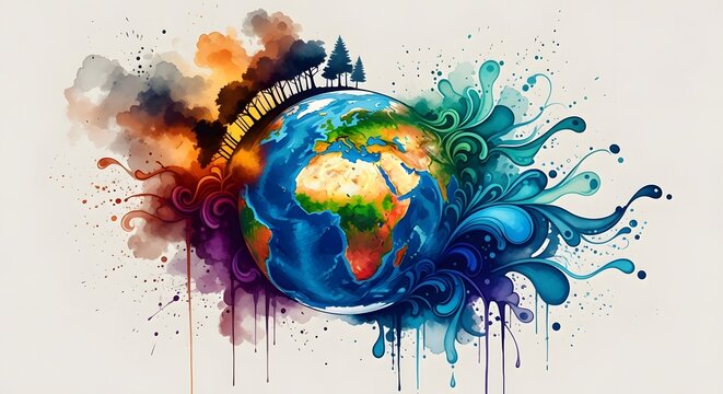 Hand-painted watercolor earth with splashing colorful ink on white background