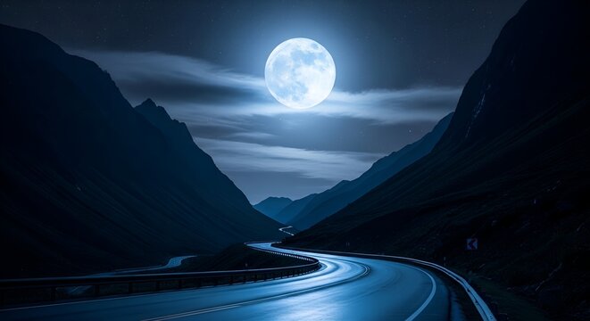 Winding empty road leads through dark mountain valley under glowing full moon at night. Travel and nature concept


