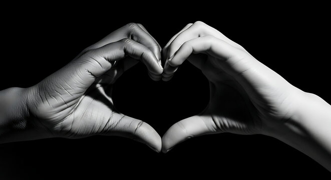 Unity and togetherness symbolized by diverse hands forming a heart shape in black and white