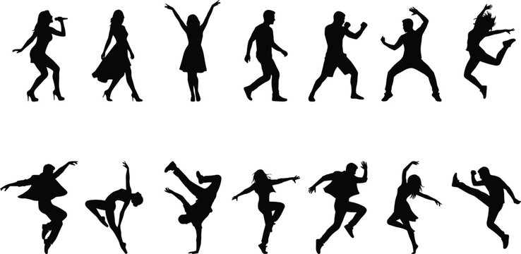Collection of dancing people silhouettes in energetic poses, men and women performing hip hop and freestyle moves, isolated black figures on white background
