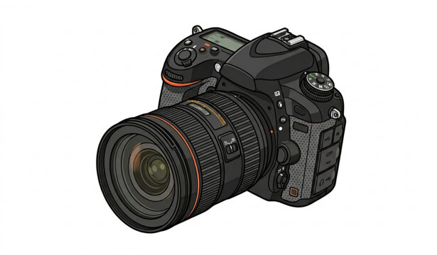 Modern digital SLR camera vector illustration with professional lens