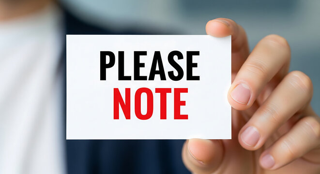 Professional hand holding a white note card with bold red please note text against plain background for urgent business communication reminders professional office meeting presentation