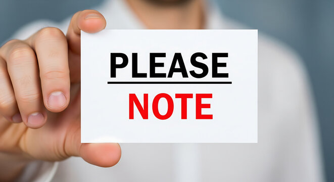 Professional hand holding a white sign with bold red text that reads please note in a close up shot perfect for business announcements notifications and important workplace reminders with sharp focus