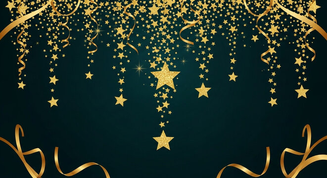 Golden confetti and stars falling on a dark teal background celebratory vector illustration