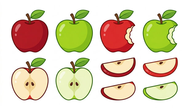 Red and green apple vector collection sliced fruit flat illustration set
