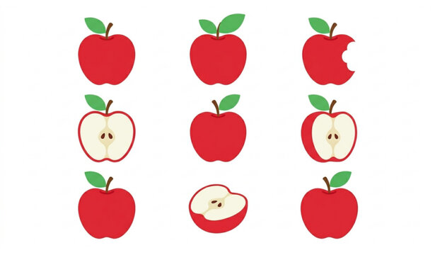Cute apple vector illustration set whole cut and bitten fruit collection