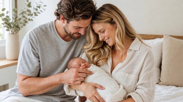 A young couple with newborn baby on bed.

