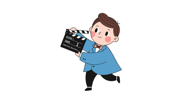 Young boy holding movie clapper board.
