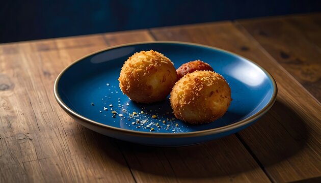 Crispy golden fried arancini balls with breadcrumb coating served on a blue plate with sesame seeds and spices, dark moody lighting on a wooden table