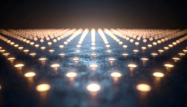 Abstract Grid of Glowing Lights on Dark Reflective Surface.