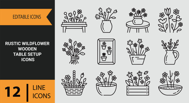 Rustic Wildflower Wooden Table Setup Outline Vector Icon Collection