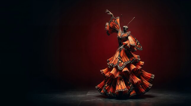 Fantasy Dancer in a Vibrant Monarch Butterfly Gown Against a Deep Red Background.