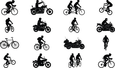 Fototapeta premium Collection of bicycle and motorcycle rider silhouettes isolated on gray background for sports transport and adventure design