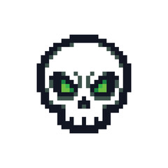 Fototapeta premium Angry Skull Pixel Art with Glowing Green Eyes Isolated