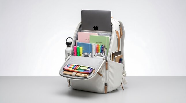 Fully Organized White Backpack with Laptop Notebooks and Stationery Items
