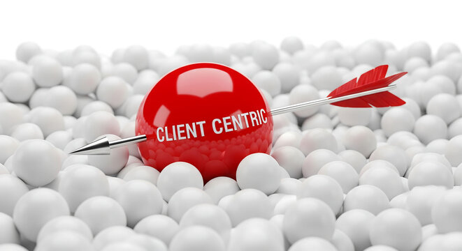 a red ball with client centric text hit by an arrow standing out from many white balls in a creative business concept illustration with a bold and eye-catching design