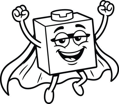 Happy cartoon block character with arms raised and cape flying isolated