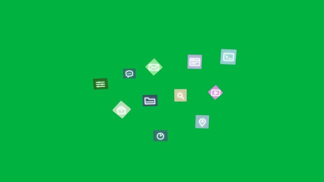 On load teal-icon starting, icons showing, forming ring, shrinking on transparent-bg showing menu