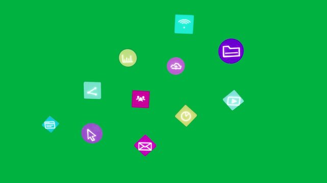 Cyan diamond pulsing, icons appearing and clustering, visualizing app network on transparent canvas
