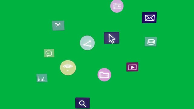 Folder icon spawning, icons forming radial menu, orbiting then drifting off transparent canvas
