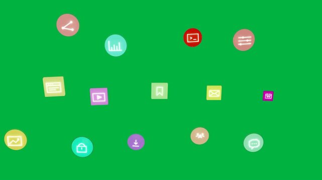 Left-edge spawn sending icons entering, forming 3-row grid on transparent bg, then shrinking right