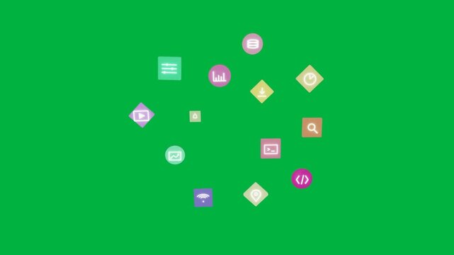 Spawn sending icons forming pulsing ring, scattering and fading on transparent bg showing features