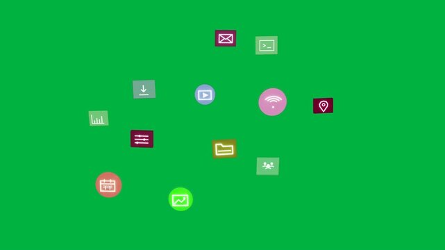 Calendar icon starting icons forming rotating set then dispersing, fading to show UI on clear stage