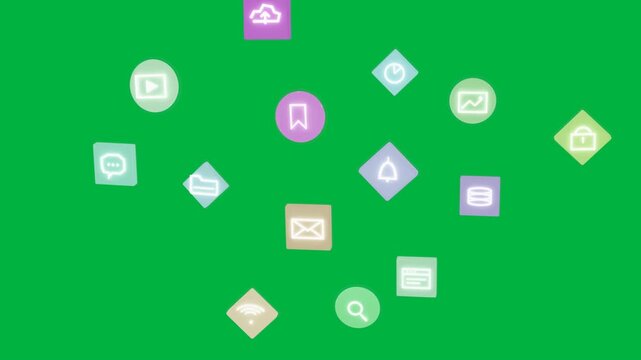 Icon entering left adding pastel icons forming cluster, rotating, drifting on transparent backdrop