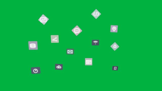 Small dot sparking app icons appearing, rising, forming grid then fading on transparent black field